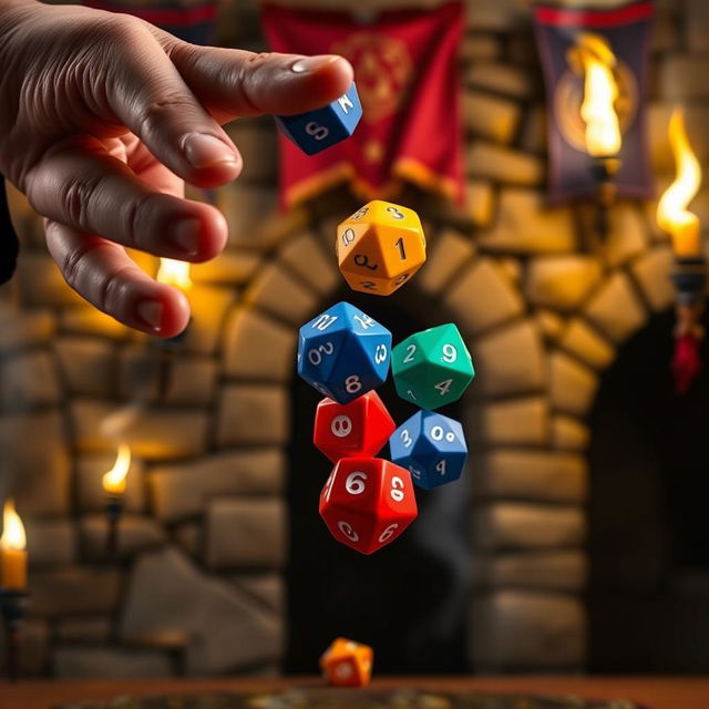 A close-up of a hand tossing a set of colorful polyhedral dice, with a medieval background featuring a stone wall, torches flickering, and banners hanging