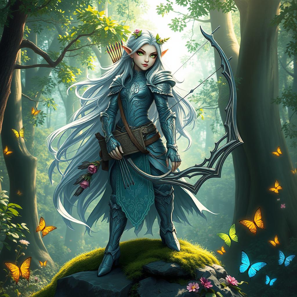 A majestic fantasy character with elegant elven features, wearing intricate silver armor that shimmers in the dappled sunlight of an enchanted forest