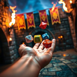 A close-up view of a hand throwing a colorful set of polyhedral dice, set against a medieval backdrop featuring stone walls, flickering torches, and medieval banners