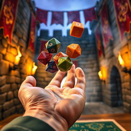 A close-up view of a hand throwing a colorful set of polyhedral dice, set against a medieval backdrop featuring stone walls, flickering torches, and medieval banners