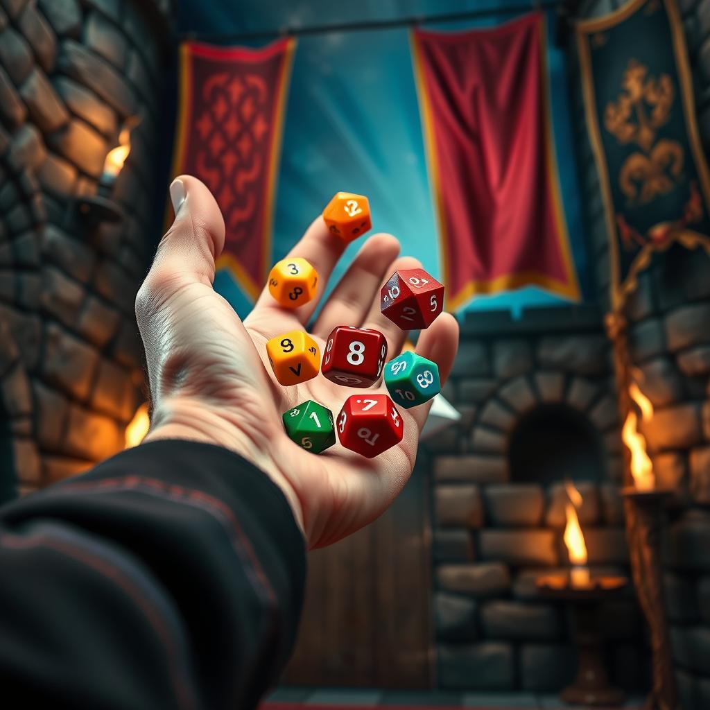 A close-up view of a hand throwing a colorful set of polyhedral dice, set against a medieval backdrop featuring stone walls, flickering torches, and medieval banners