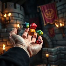 A close-up view of a hand throwing a colorful set of polyhedral dice, set against a medieval backdrop featuring stone walls, flickering torches, and medieval banners