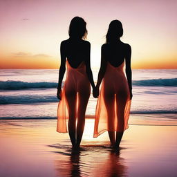 A sophisticated digital art piece featuring two women at a beach, both adorned in elegant transparent dresses that subtly reveal their swimwear underneath