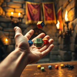 A detailed close-up of a hand throwing colorful polyhedral dice, set against a rich medieval backdrop featuring aged stone walls, glowing torches casting warm light, and decorated banners hanging in the background