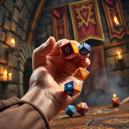 A detailed close-up of a hand throwing colorful polyhedral dice, set against a rich medieval backdrop featuring aged stone walls, glowing torches casting warm light, and decorated banners hanging in the background