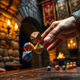 A detailed close-up of a hand throwing colorful polyhedral dice, set against a rich medieval backdrop featuring aged stone walls, glowing torches casting warm light, and decorated banners hanging in the background