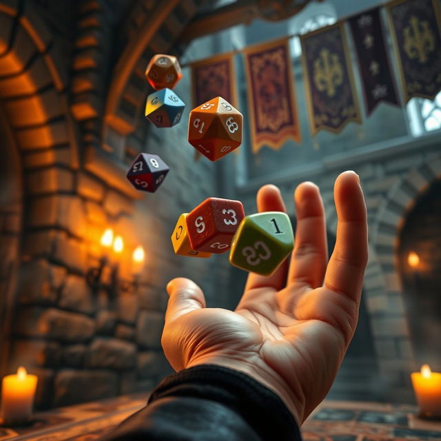 A detailed close-up of a hand throwing colorful polyhedral dice, set against a rich medieval backdrop featuring aged stone walls, glowing torches casting warm light, and decorated banners hanging in the background