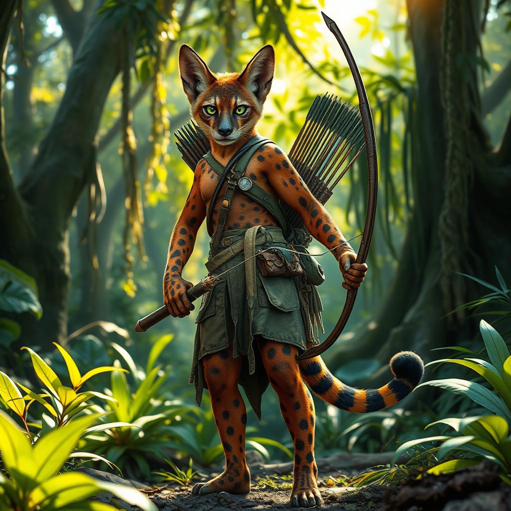 A fierce female tabaxi hunter standing confidently in a lush jungle setting