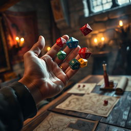 A close-up of a hand dynamically tossing colorful polyhedral dice, showcasing numbers prominently, set against an atmospheric medieval background