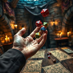 A close-up of a hand dynamically tossing colorful polyhedral dice, showcasing numbers prominently, set against an atmospheric medieval background