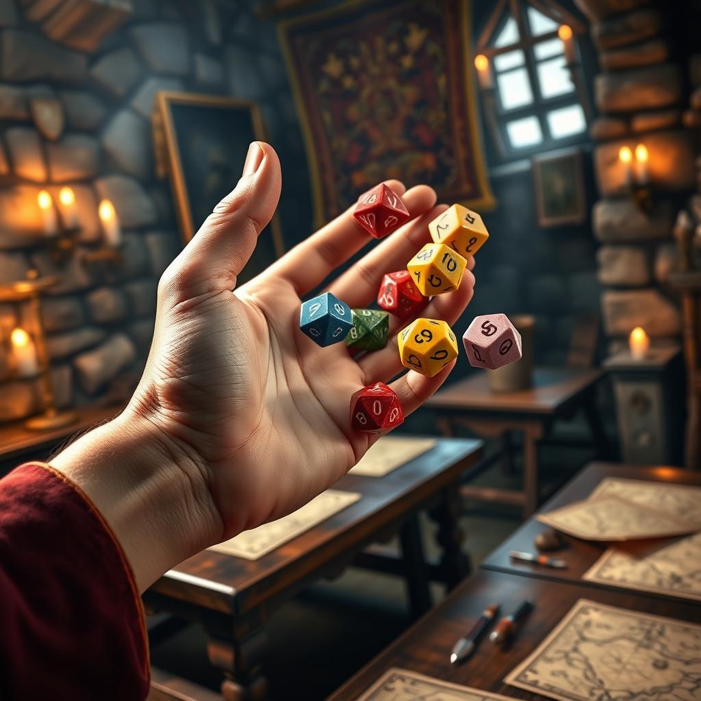 A close-up of a hand dynamically tossing colorful polyhedral dice, showcasing numbers prominently, set against an atmospheric medieval background