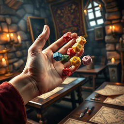 A close-up of a hand dynamically tossing colorful polyhedral dice, showcasing numbers prominently, set against an atmospheric medieval background