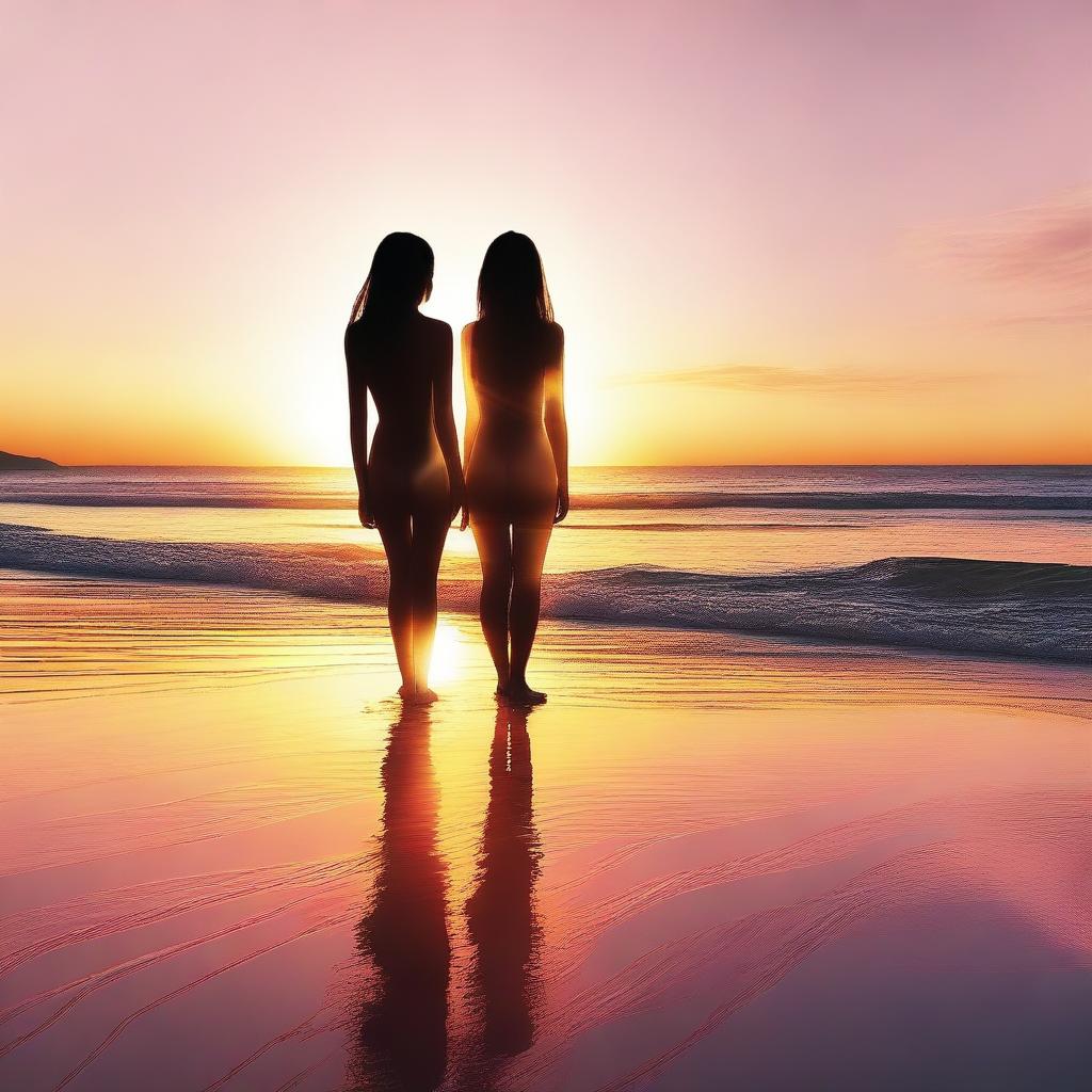 A sophisticated digital art piece featuring two women at a beach, both adorned in elegant transparent dresses that subtly reveal their swimwear underneath