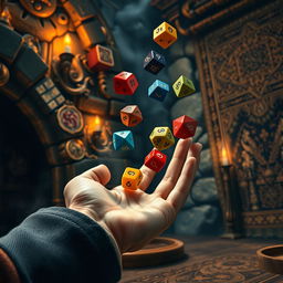 A vivid close-up of a hand skillfully tossing colorful polyhedral dice, with an enchanting medieval background that includes rugged stone walls, glowing torches illuminating the scene, and intricate tapestries hanging nearby