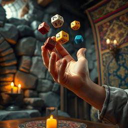 A vivid close-up of a hand skillfully tossing colorful polyhedral dice, with an enchanting medieval background that includes rugged stone walls, glowing torches illuminating the scene, and intricate tapestries hanging nearby
