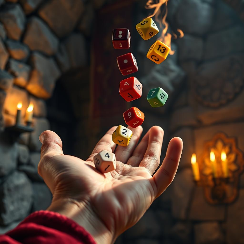 A vivid close-up of a hand skillfully tossing colorful polyhedral dice, with an enchanting medieval background that includes rugged stone walls, glowing torches illuminating the scene, and intricate tapestries hanging nearby