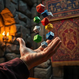 A vivid close-up of a hand skillfully tossing colorful polyhedral dice, with an enchanting medieval background that includes rugged stone walls, glowing torches illuminating the scene, and intricate tapestries hanging nearby