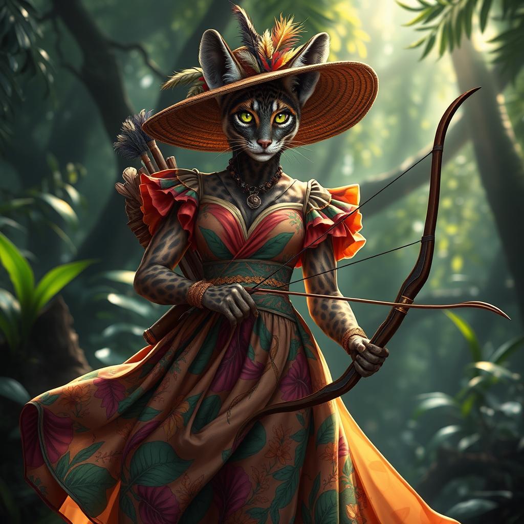 A striking female tabaxi hunter in an elegantly tailored gown, intricately designed with flowing fabrics adorned in vibrant jungle patterns