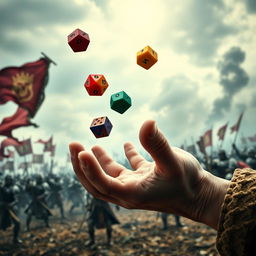 A dramatic close-up of a hand tossing colorful polyhedral dice, set against a gritty medieval war background featuring a battlefield scene with knights in armor, banners fluttering in the wind, and distant smoke rising from the chaos of combat