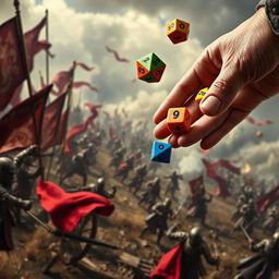 A dramatic close-up of a hand tossing colorful polyhedral dice, set against a gritty medieval war background featuring a battlefield scene with knights in armor, banners fluttering in the wind, and distant smoke rising from the chaos of combat