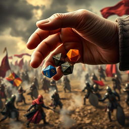 A dramatic close-up of a hand tossing colorful polyhedral dice, set against a gritty medieval war background featuring a battlefield scene with knights in armor, banners fluttering in the wind, and distant smoke rising from the chaos of combat