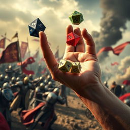 A dramatic close-up of a hand tossing colorful polyhedral dice, set against a gritty medieval war background featuring a battlefield scene with knights in armor, banners fluttering in the wind, and distant smoke rising from the chaos of combat