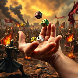 A close-up of a hand expertly tossing colorful polyhedral dice, against a dramatic medieval war background featuring chaotic battle scenes, clashing knights in shining armor, distant smoke from burning structures, and banners waving in the wind