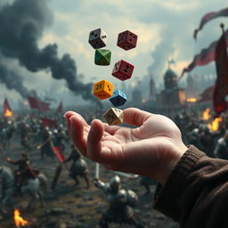 A close-up of a hand expertly tossing colorful polyhedral dice, against a dramatic medieval war background featuring chaotic battle scenes, clashing knights in shining armor, distant smoke from burning structures, and banners waving in the wind