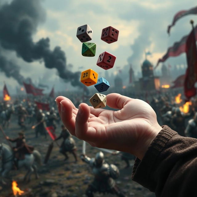 A close-up of a hand expertly tossing colorful polyhedral dice, against a dramatic medieval war background featuring chaotic battle scenes, clashing knights in shining armor, distant smoke from burning structures, and banners waving in the wind