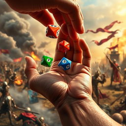 A close-up of a hand expertly tossing colorful polyhedral dice, against a dramatic medieval war background featuring chaotic battle scenes, clashing knights in shining armor, distant smoke from burning structures, and banners waving in the wind