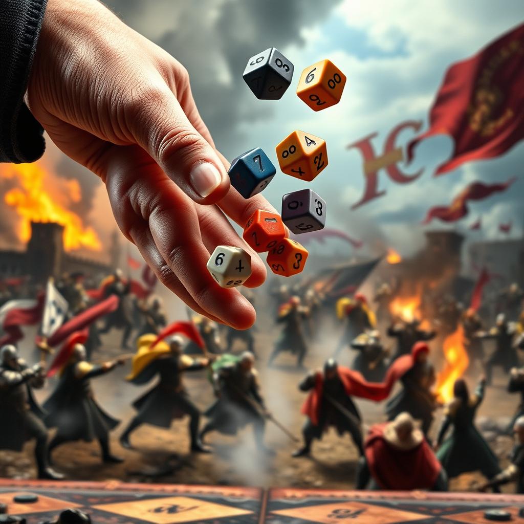 A close-up of a hand expertly tossing colorful polyhedral dice, against a dramatic medieval war background featuring chaotic battle scenes, clashing knights in shining armor, distant smoke from burning structures, and banners waving in the wind