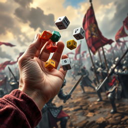 A captivating close-up of a hand tossing colorful polyhedral dice, set against a medieval war background depicting a chaotic battlefield with knights in shining armor, clashing swords, and the distant sound of war