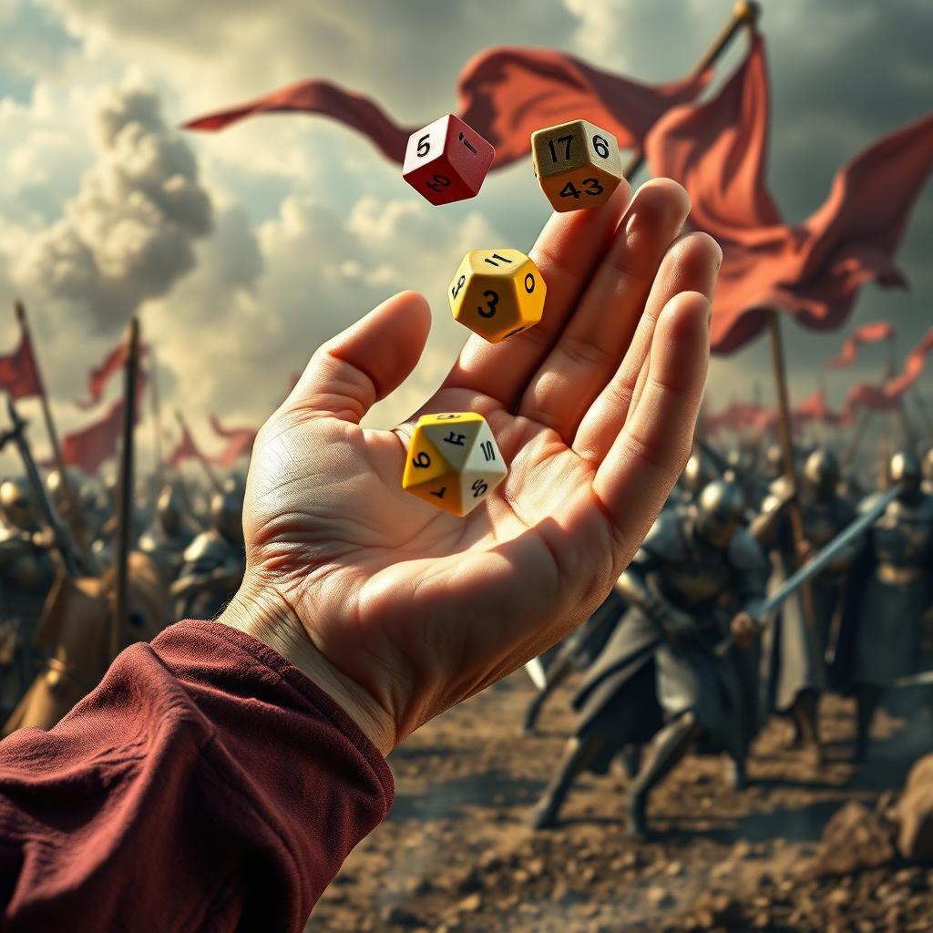 A captivating close-up of a hand tossing colorful polyhedral dice, set against a medieval war background depicting a chaotic battlefield with knights in shining armor, clashing swords, and the distant sound of war