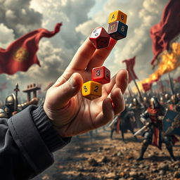 A captivating close-up of a hand tossing colorful polyhedral dice, set against a medieval war background depicting a chaotic battlefield with knights in shining armor, clashing swords, and the distant sound of war