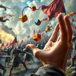A close-up image of a hand throwing colorful polyhedral dice, with a vivid medieval war backdrop showcasing a dynamic battlefield filled with armored knights clashing swords, billowing smoke, and colorful banners in the wind