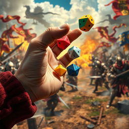 A close-up image of a hand throwing colorful polyhedral dice, with a vivid medieval war backdrop showcasing a dynamic battlefield filled with armored knights clashing swords, billowing smoke, and colorful banners in the wind