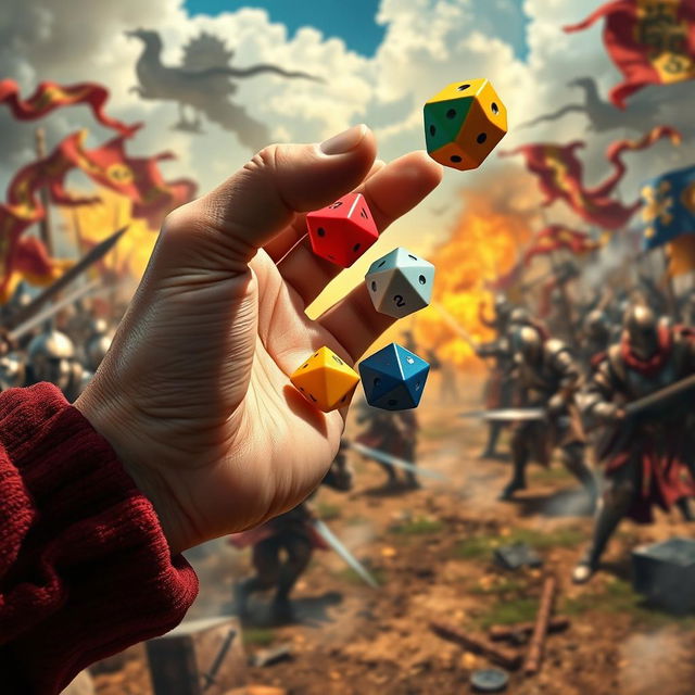 A close-up image of a hand throwing colorful polyhedral dice, with a vivid medieval war backdrop showcasing a dynamic battlefield filled with armored knights clashing swords, billowing smoke, and colorful banners in the wind