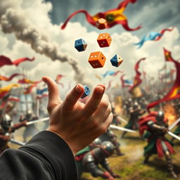 A close-up image of a hand throwing colorful polyhedral dice, with a vivid medieval war backdrop showcasing a dynamic battlefield filled with armored knights clashing swords, billowing smoke, and colorful banners in the wind