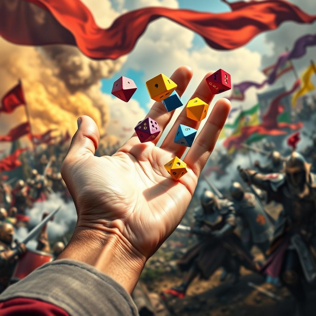 A close-up image of a hand throwing colorful polyhedral dice, with a vivid medieval war backdrop showcasing a dynamic battlefield filled with armored knights clashing swords, billowing smoke, and colorful banners in the wind