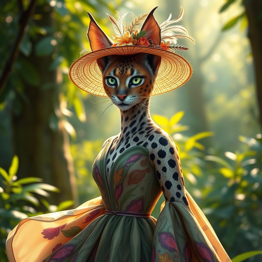 A stunning female tabaxi adorned in a beautifully tailored gown that flows elegantly around her spotted form