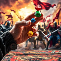 A detailed close-up of a hand throwing colorful polyhedral dice, with a vibrant medieval war scene in the background