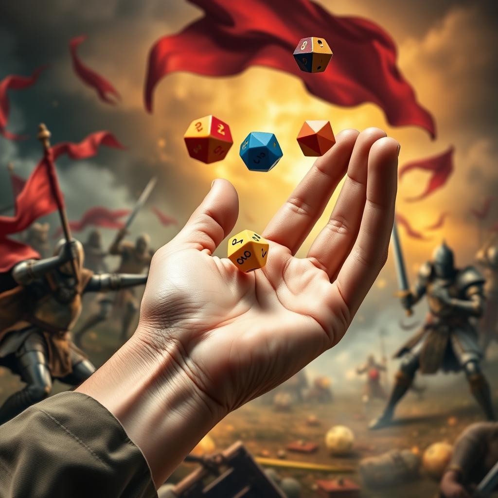 A detailed close-up of a hand throwing colorful polyhedral dice, with a vibrant medieval war scene in the background