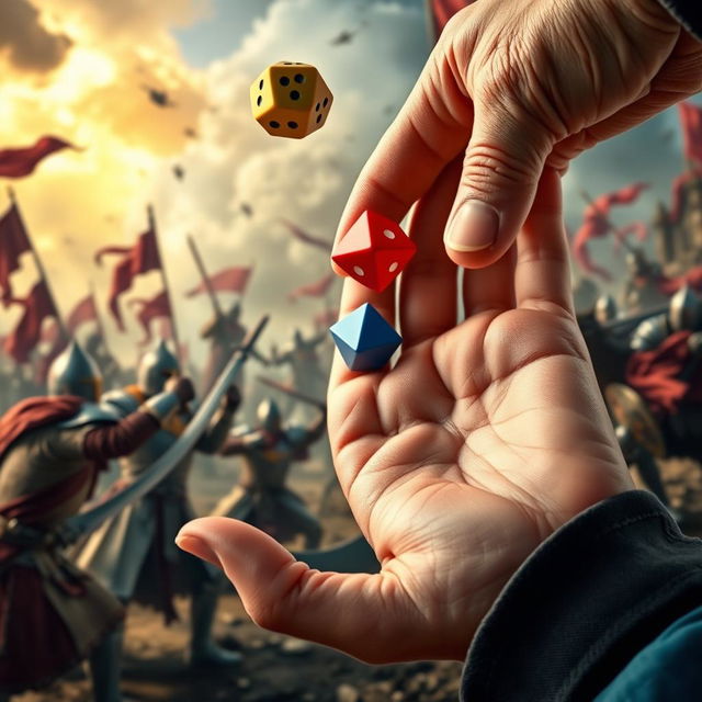 A detailed close-up of a hand throwing colorful polyhedral dice, with a vibrant medieval war scene in the background