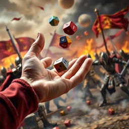 A detailed close-up of a hand throwing colorful polyhedral dice, with a vibrant medieval war scene in the background