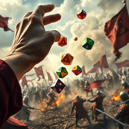 A highly detailed close-up of a hand throwing vibrant polyhedral dice, with a dramatic medieval war scene in the background featuring knights in battle, swords clashing, and smoke billowing across the battlefield
