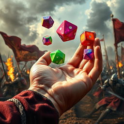 A highly detailed close-up of a hand throwing vibrant polyhedral dice, with a dramatic medieval war scene in the background featuring knights in battle, swords clashing, and smoke billowing across the battlefield