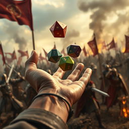 A highly detailed close-up of a hand throwing vibrant polyhedral dice, with a dramatic medieval war scene in the background featuring knights in battle, swords clashing, and smoke billowing across the battlefield