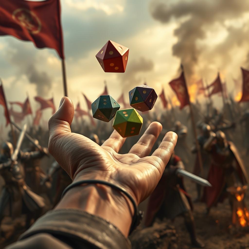 A highly detailed close-up of a hand throwing vibrant polyhedral dice, with a dramatic medieval war scene in the background featuring knights in battle, swords clashing, and smoke billowing across the battlefield