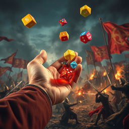 A highly detailed close-up of a hand throwing vibrant polyhedral dice, with a dramatic medieval war scene in the background featuring knights in battle, swords clashing, and smoke billowing across the battlefield