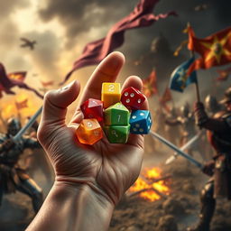 A close-up of a hand holding five colorful polyhedral dice, specifically two of each type (d4, d6, d8, d10, d12), in the act of throwing them